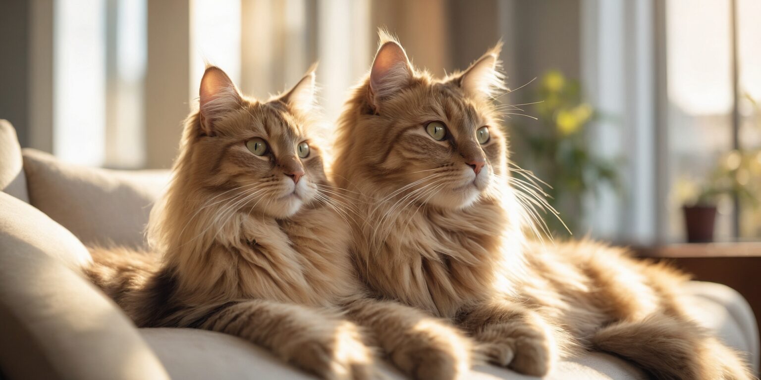 Deux chats roux à poils longs allongés sur un canapé, regardant vers la lumière du soleil entrant par une fenêtre.