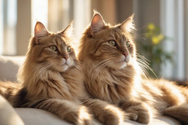 Deux chats roux à poils longs allongés sur un canapé, regardant vers la lumière du soleil entrant par une fenêtre.