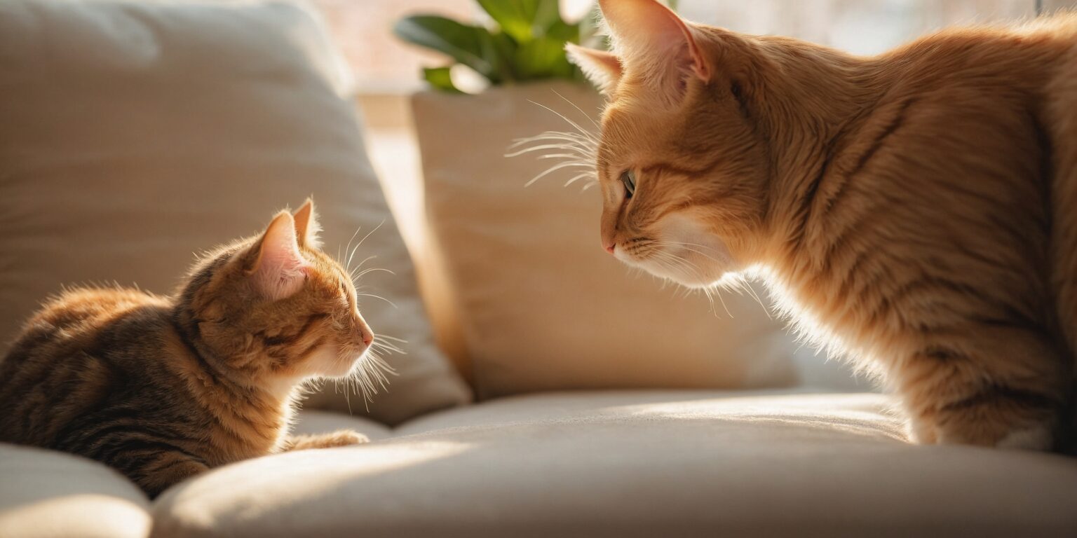 Deux chats roux se font face sur un canapé beige, éclairés par une douce lumière naturelle.
