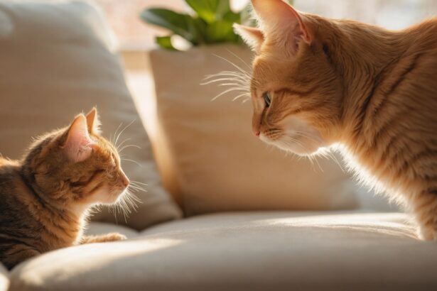 Deux chats roux se font face sur un canapé beige, éclairés par une douce lumière naturelle.