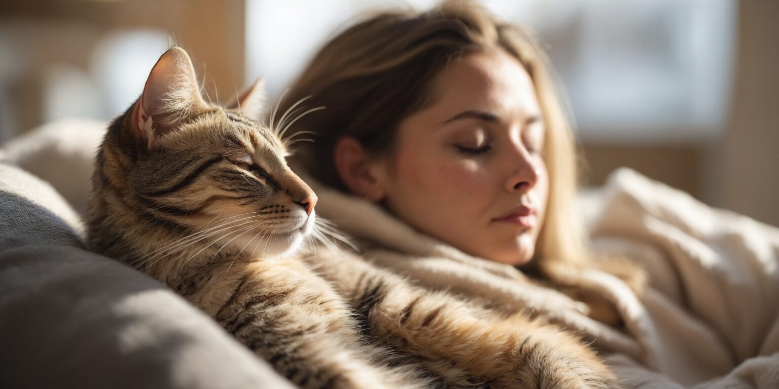 Femme et chat tigré allongés sur un canapé, profitant d'un moment de détente au soleil.