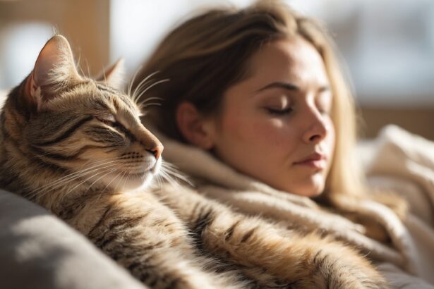 Femme et chat tigré allongés sur un canapé, profitant d'un moment de détente au soleil.