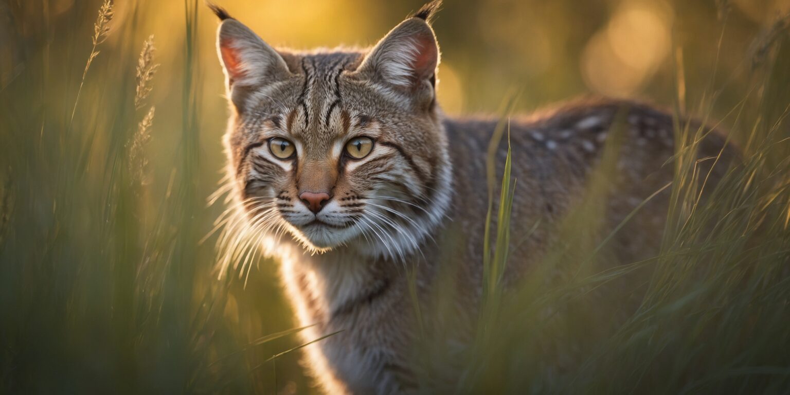 Lynx dans l'herbe haute au coucher du soleil, regard perçant et oreilles dressées, éclairé par une douce lumière dorée.