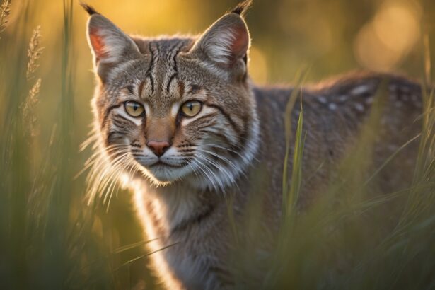Lynx dans l'herbe haute au coucher du soleil, regard perçant et oreilles dressées, éclairé par une douce lumière dorée.