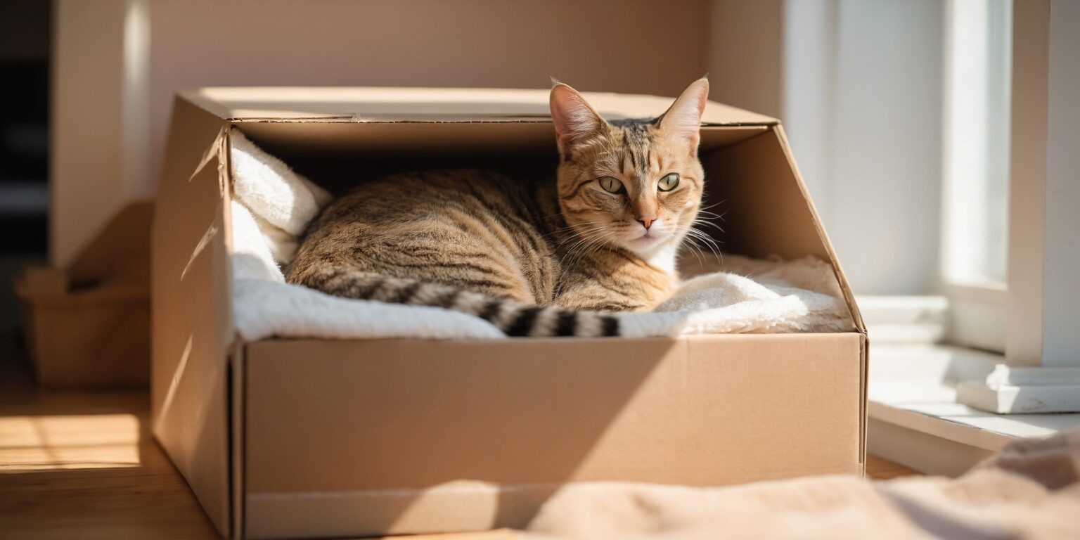 Chat tigré confortablement installé dans une boîte en carton, éclairé par la lumière du soleil près d'une fenêtre.