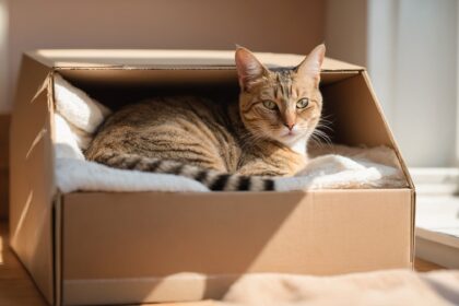 Chat tigré confortablement installé dans une boîte en carton, éclairé par la lumière du soleil près d'une fenêtre.