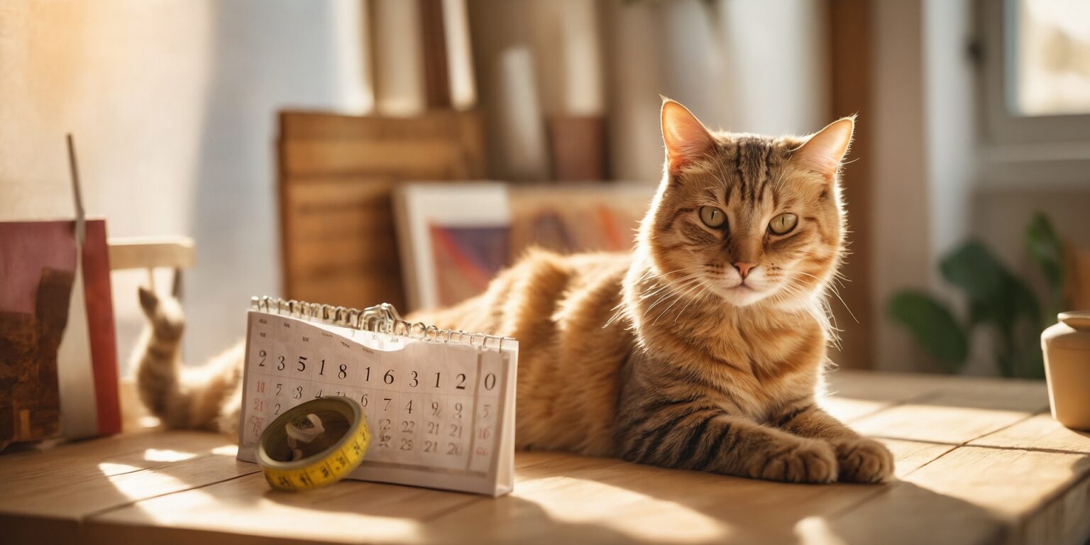 Chat tigré allongé sur une table en bois près d’un calendrier et d’un mètre ruban, baigné par une lumière douce.
