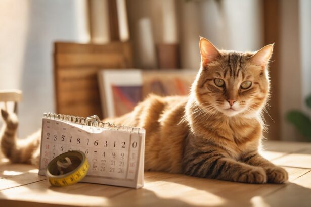 Chat tigré allongé sur une table en bois près d’un calendrier et d’un mètre ruban, baigné par une lumière douce.