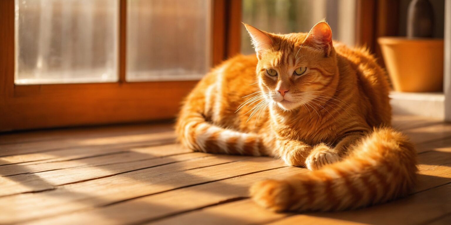 Chat roux allongé au soleil sur un parquet en bois, près d’une fenêtre, profitant d’un moment calme et chaleureux.