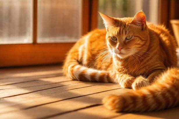 Chat roux allongé au soleil sur un parquet en bois, près d’une fenêtre, profitant d’un moment calme et chaleureux.