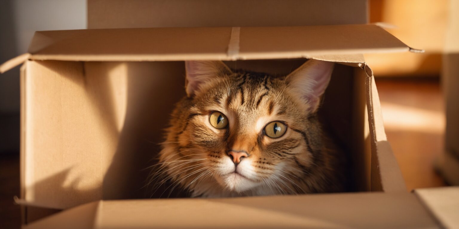 Chat tigré aux yeux dorés regardant hors d’un carton ouvert, baigné par une lumière chaude en fin de journée.