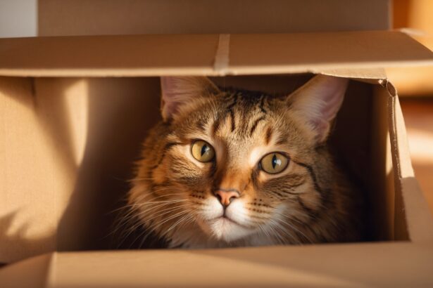 Chat tigré aux yeux dorés regardant hors d’un carton ouvert, baigné par une lumière chaude en fin de journée.