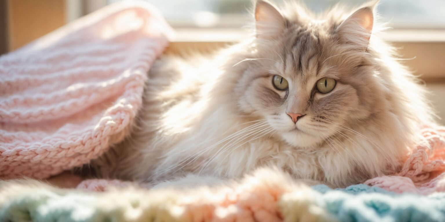 Chat à poils longs allongé sur une couverture en laine pastel, regardant calmement près d’une fenêtre ensoleillée.