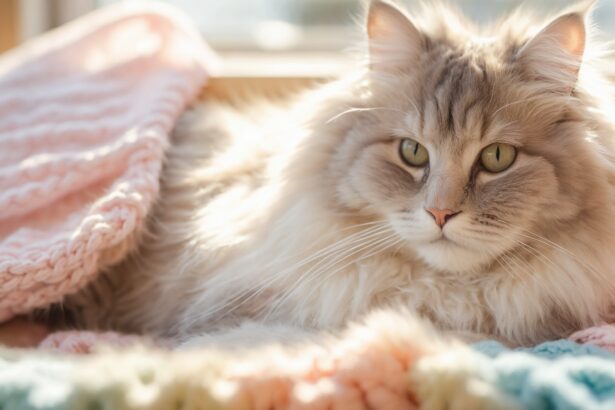 Chat à poils longs allongé sur une couverture en laine pastel, regardant calmement près d’une fenêtre ensoleillée.