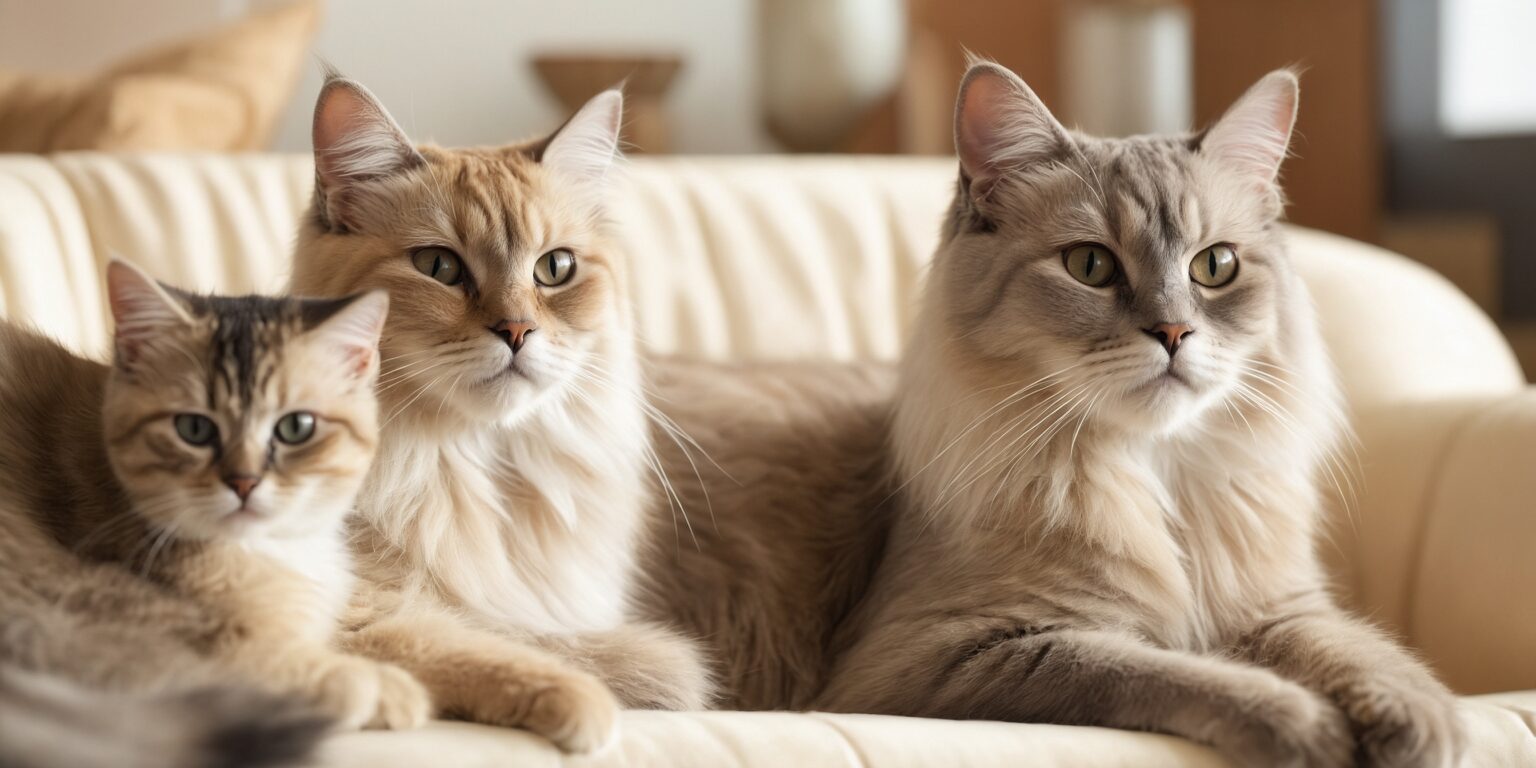 Trois chats à poil long aux couleurs douces sont allongés sur un canapé beige, regardant fixement vers l’objectif.