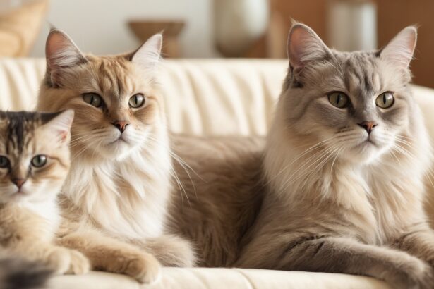 Trois chats à poil long aux couleurs douces sont allongés sur un canapé beige, regardant fixement vers l’objectif.