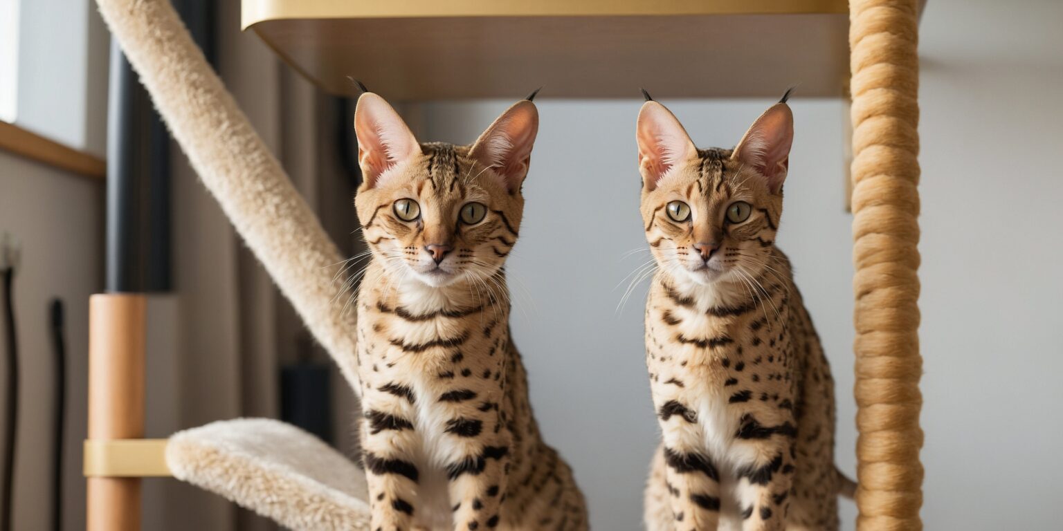 Deux chats Savannah au pelage tacheté sont assis côte à côte sur un arbre à chat en bois et corde.