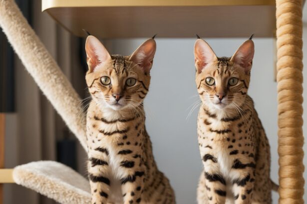 Deux chats Savannah au pelage tacheté sont assis côte à côte sur un arbre à chat en bois et corde.