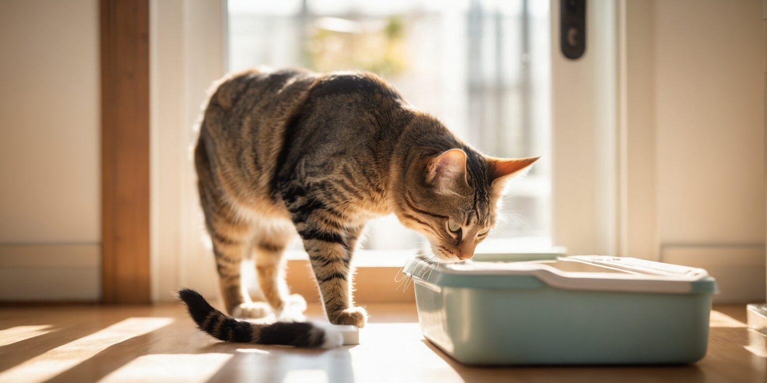 Chat tigré reniflant une litière fermée dans une pièce ensoleillée, illustrant un comportement typique lié à la litière pour chat.