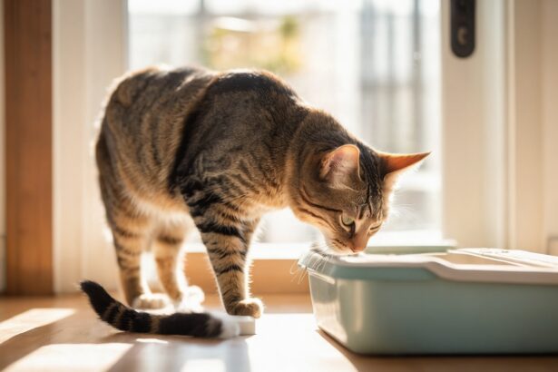 Chat tigré reniflant une litière fermée dans une pièce ensoleillée, illustrant un comportement typique lié à la litière pour chat.