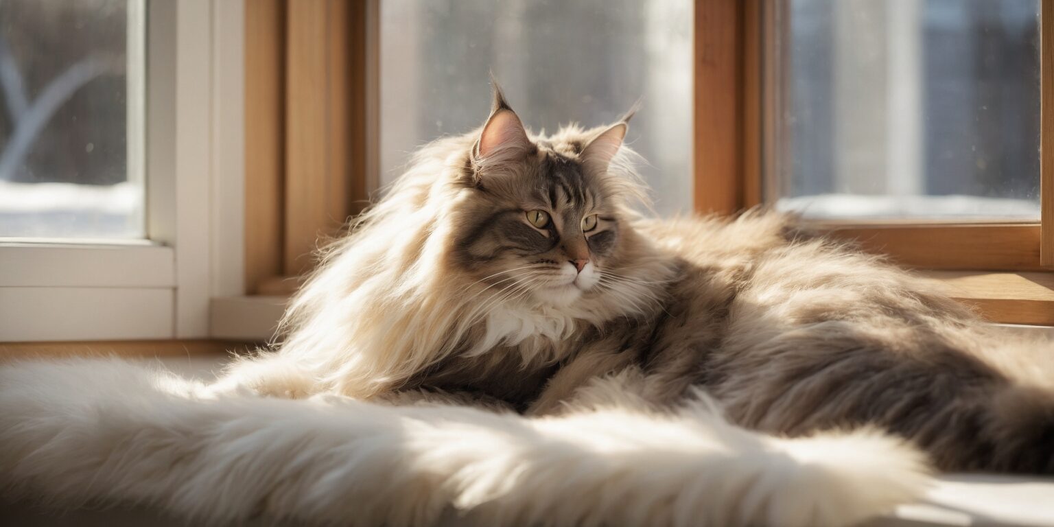 Chat à poil long allongé sur une couverture en fourrure près d’une fenêtre ensoleillée, regardant calmement dehors.