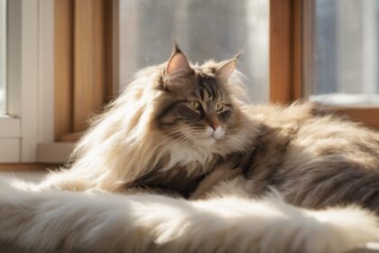 Chat à poil long allongé sur une couverture en fourrure près d’une fenêtre ensoleillée, regardant calmement dehors.