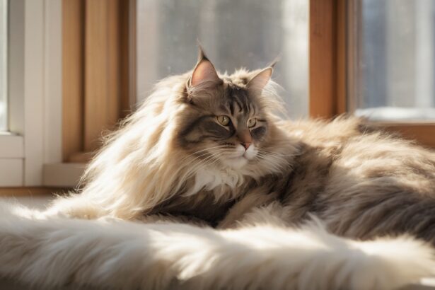 Chat à poil long allongé sur une couverture en fourrure près d’une fenêtre ensoleillée, regardant calmement dehors.