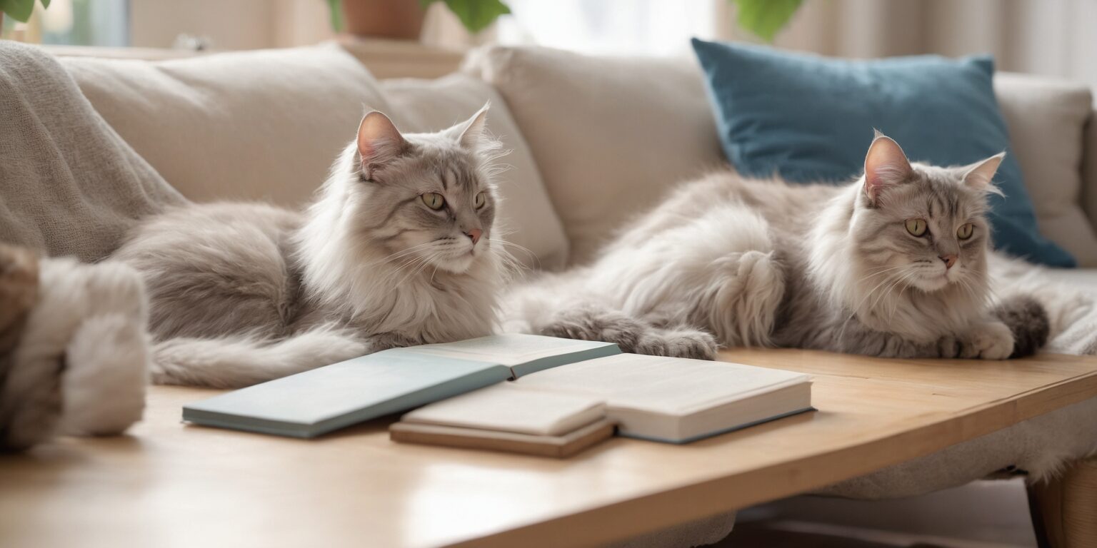 Deux chats à poil long reposent sur un canapé beige près de livres ouverts posés sur une table basse en bois.