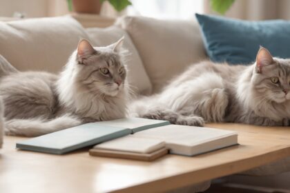 Deux chats à poil long reposent sur un canapé beige près de livres ouverts posés sur une table basse en bois.