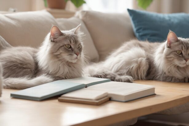 Deux chats à poil long reposent sur un canapé beige près de livres ouverts posés sur une table basse en bois.