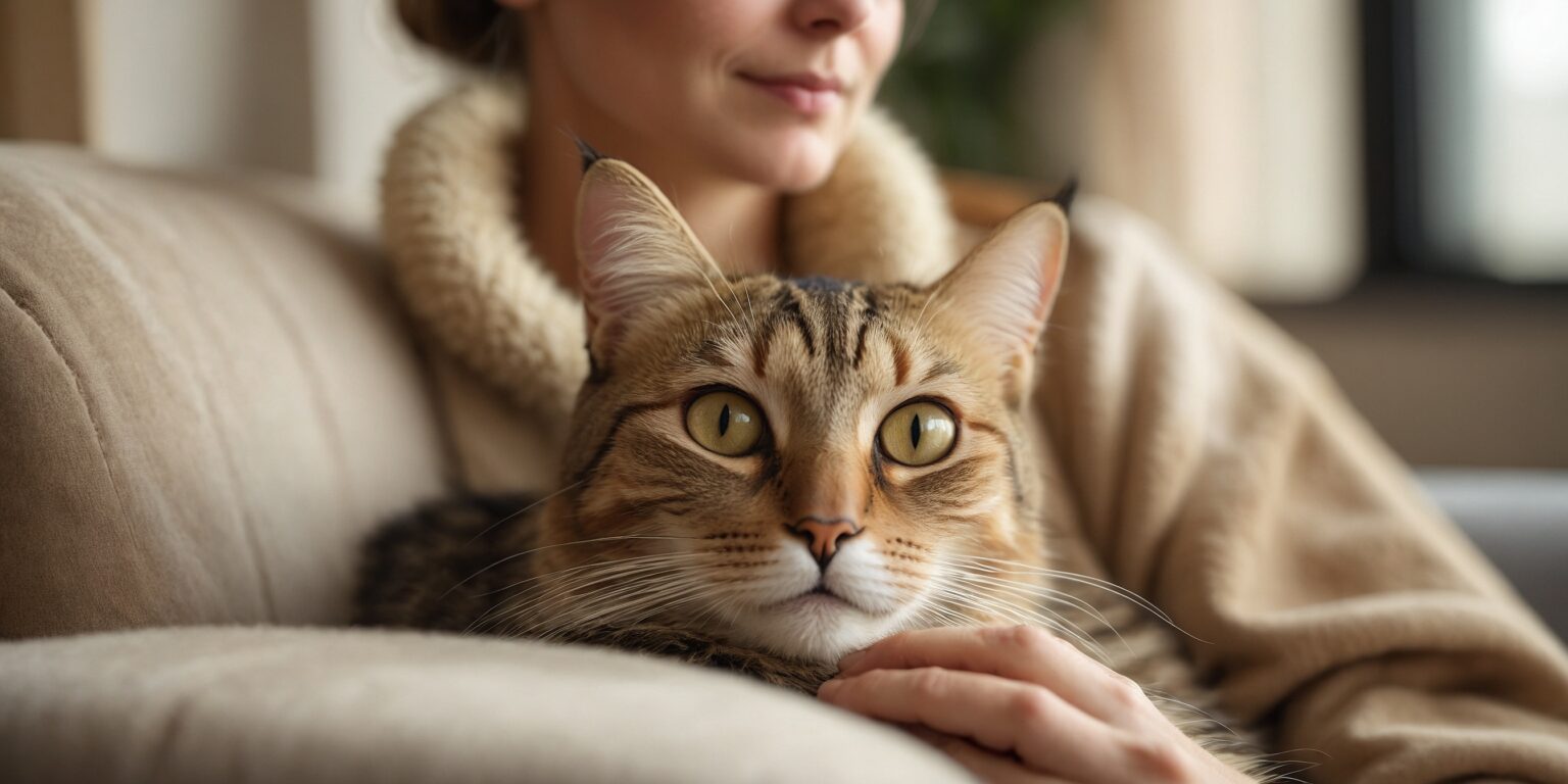 Chat tigré aux yeux jaunes blotti sur un canapé beige, caressé tendrement par une femme en pull chaud.
