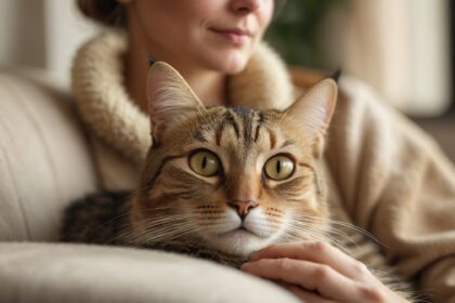 Chat tigré aux yeux jaunes blotti sur un canapé beige, caressé tendrement par une femme en pull chaud.