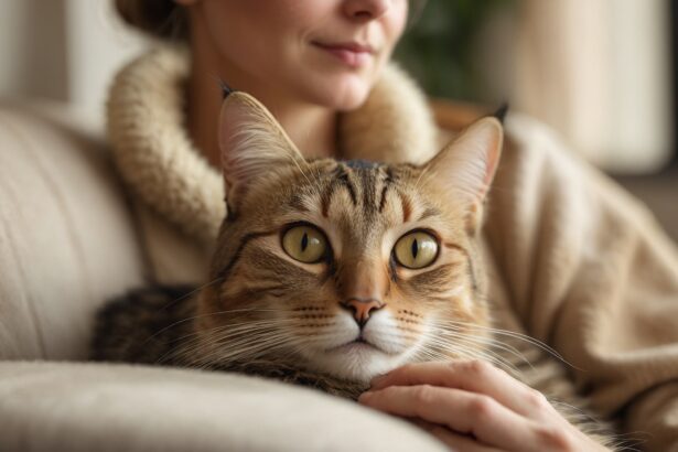 Chat tigré aux yeux jaunes blotti sur un canapé beige, caressé tendrement par une femme en pull chaud.