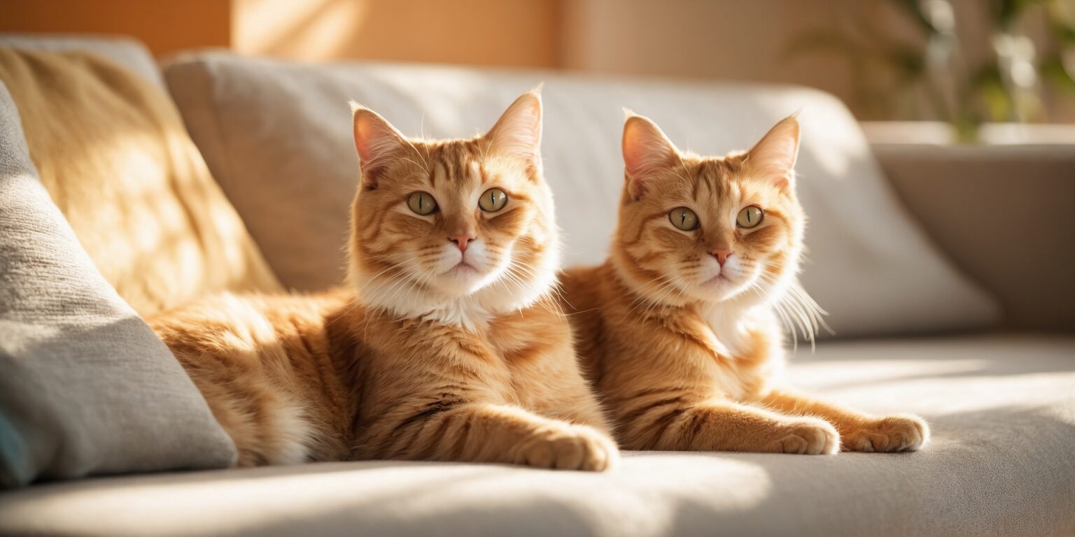 Deux chats roux allongés côte à côte sur un canapé beige, détendus sous une lumière douce en fin de journée.