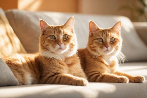 Deux chats roux allongés côte à côte sur un canapé beige, détendus sous une lumière douce en fin de journée.