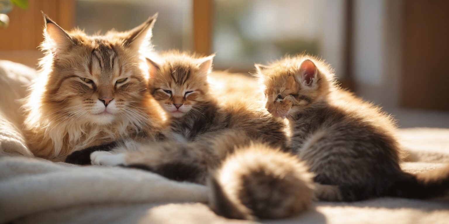 Chat allongé avec ses trois chatons endormis sur une couverture beige, baignés de lumière douce du matin.