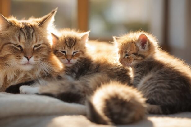 Chat allongé avec ses trois chatons endormis sur une couverture beige, baignés de lumière douce du matin.