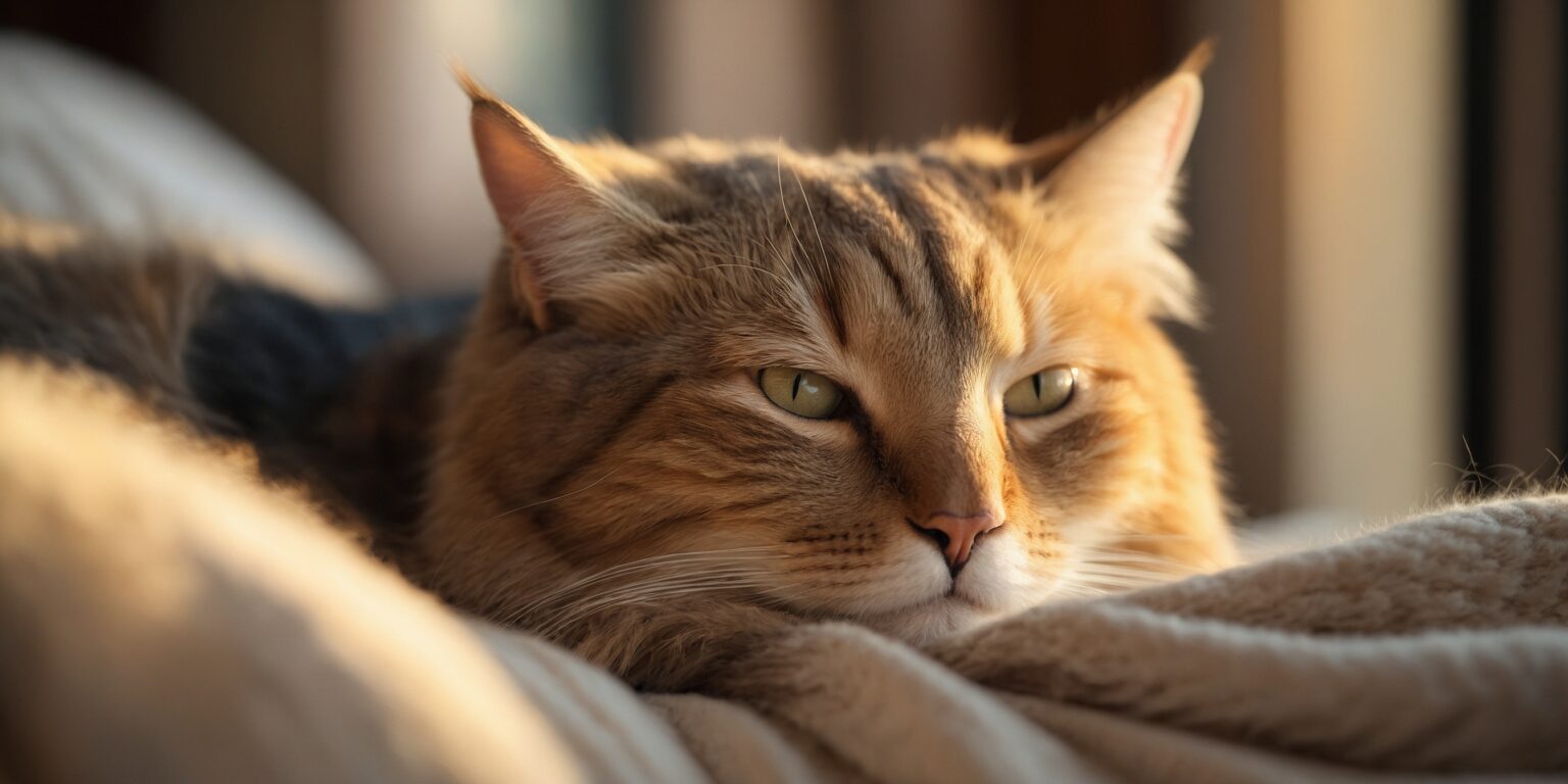 Chat allongé sur une couverture beige, regardant paisiblement au loin dans une lumière douce de fin de journée.