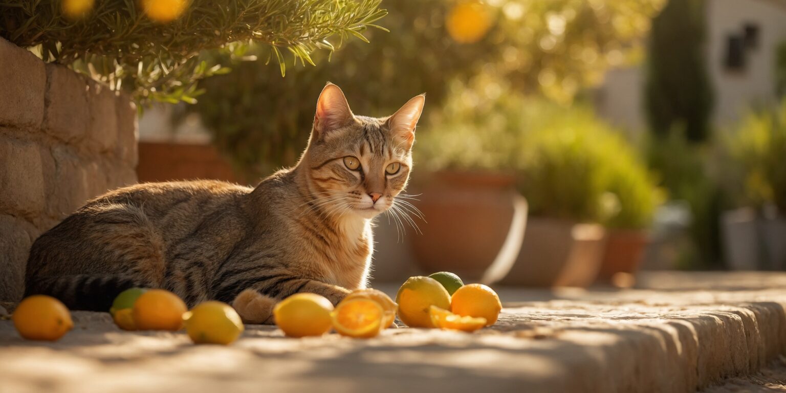 Chat tigré allongé au soleil sur une terrasse en pierre, entouré de citrons entiers et coupés.