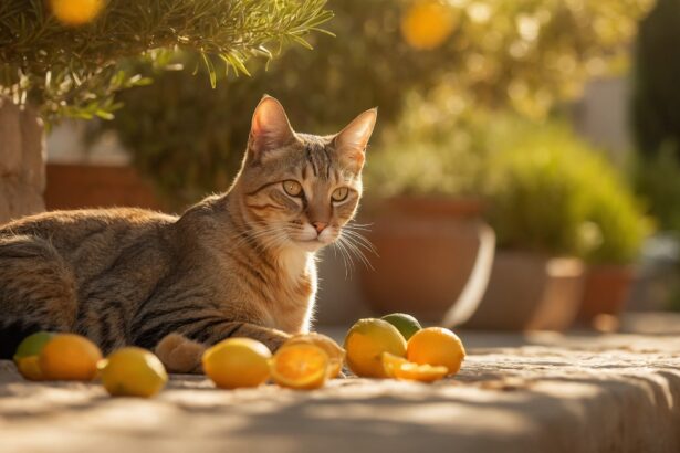 Chat tigré allongé au soleil sur une terrasse en pierre, entouré de citrons entiers et coupés.