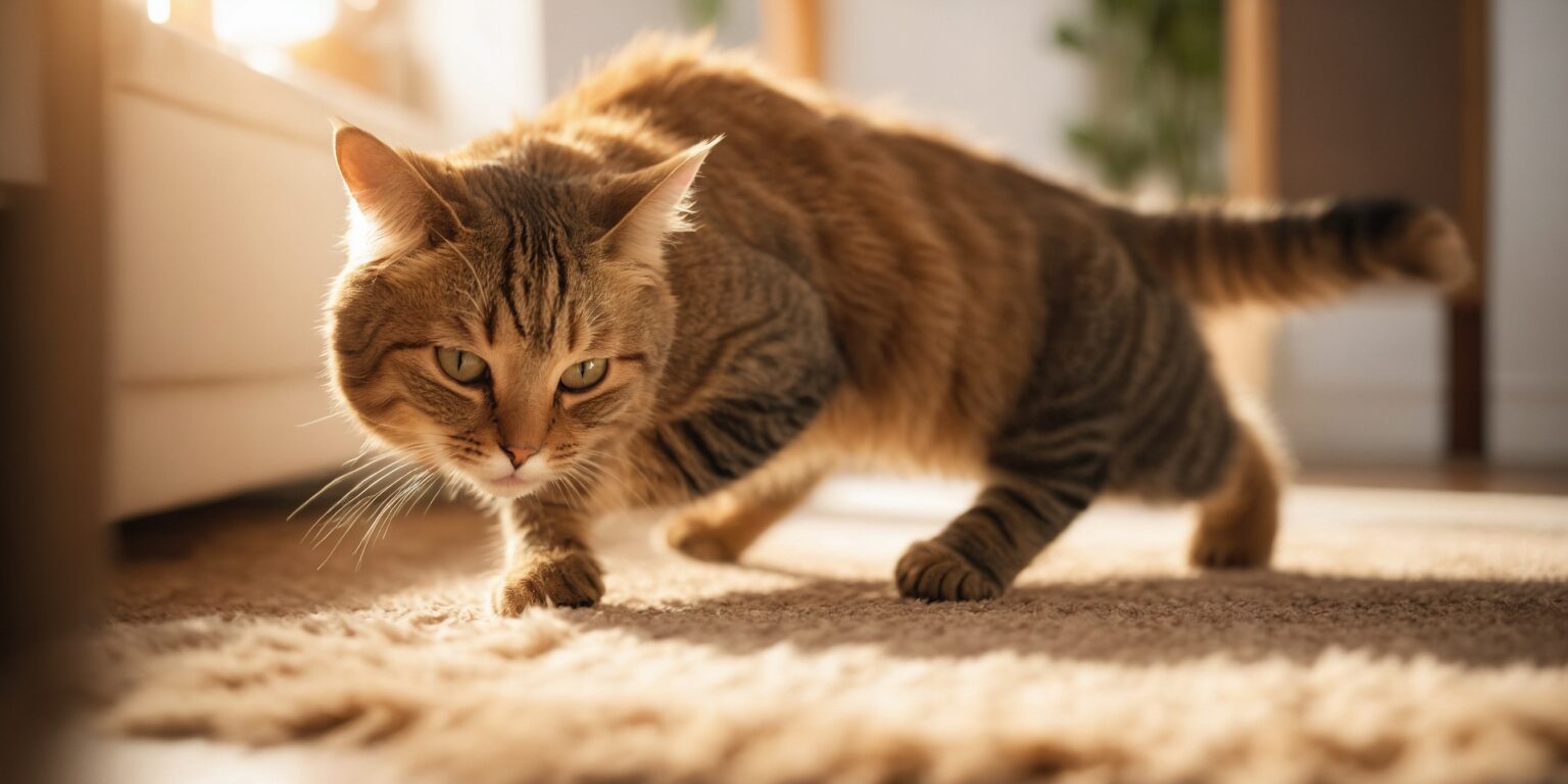Chat tigré marchant doucement sur un tapis beige, éclairé par une lumière chaude entrant par une fenêtre.