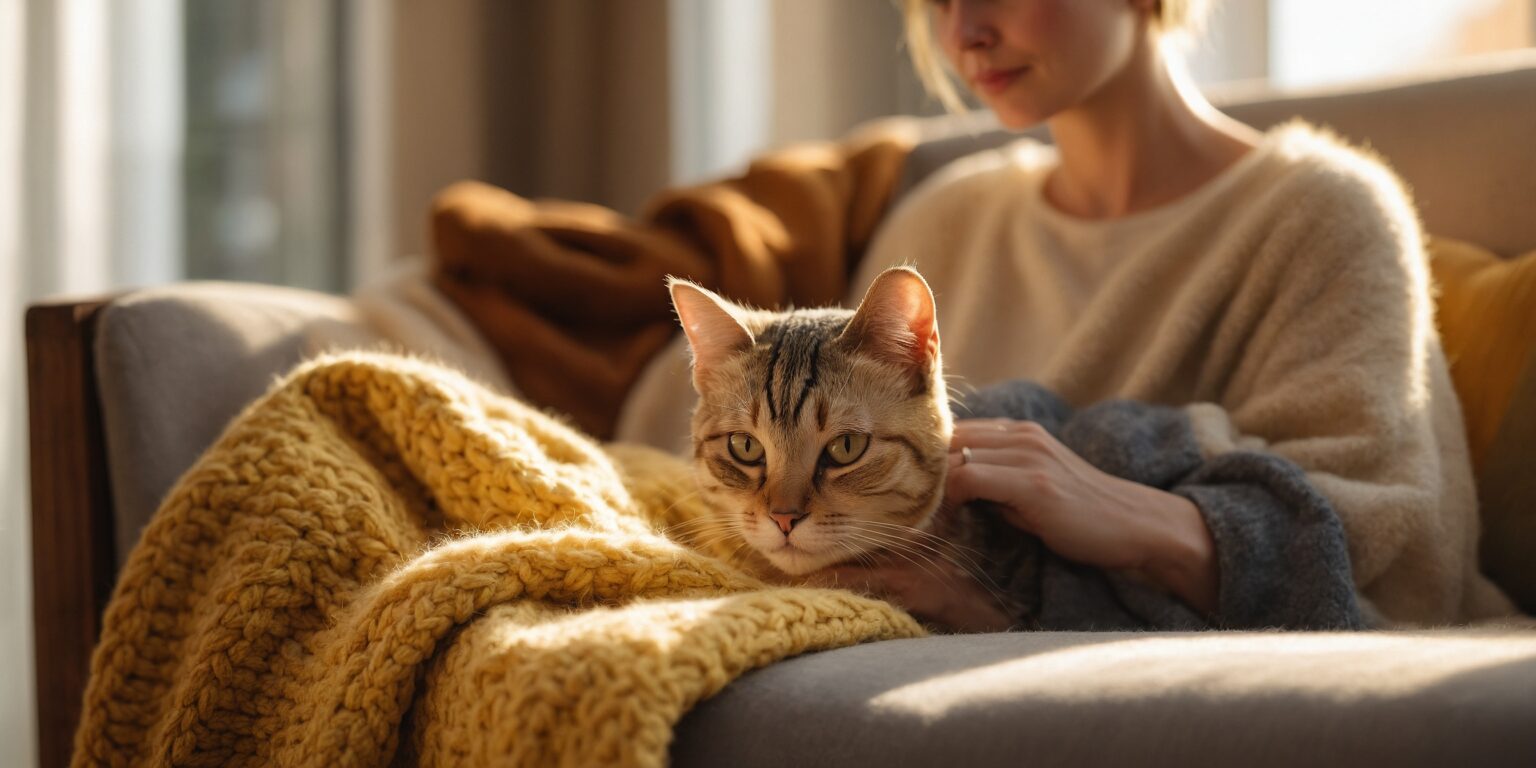 Chat détendu sur un canapé, blotti contre une femme sous une couverture jaune en laine, baigné de lumière naturelle.