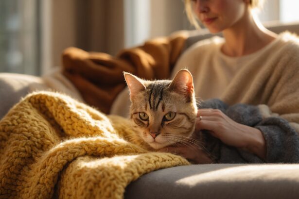 Chat détendu sur un canapé, blotti contre une femme sous une couverture jaune en laine, baigné de lumière naturelle.