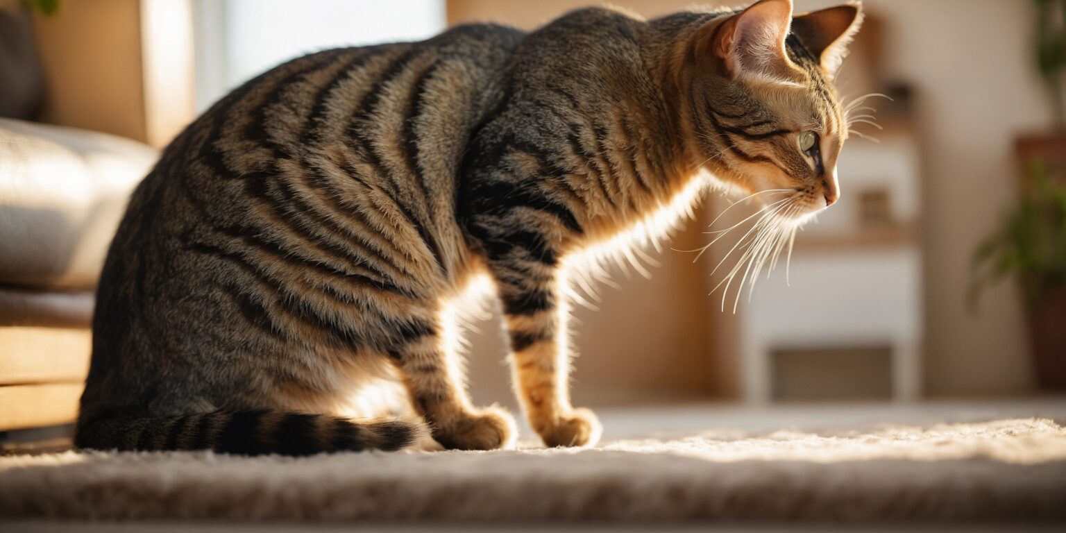 Chat tigré assis sur un tapis beige, éclairé par la lumière du soleil entrant dans un salon chaleureux.