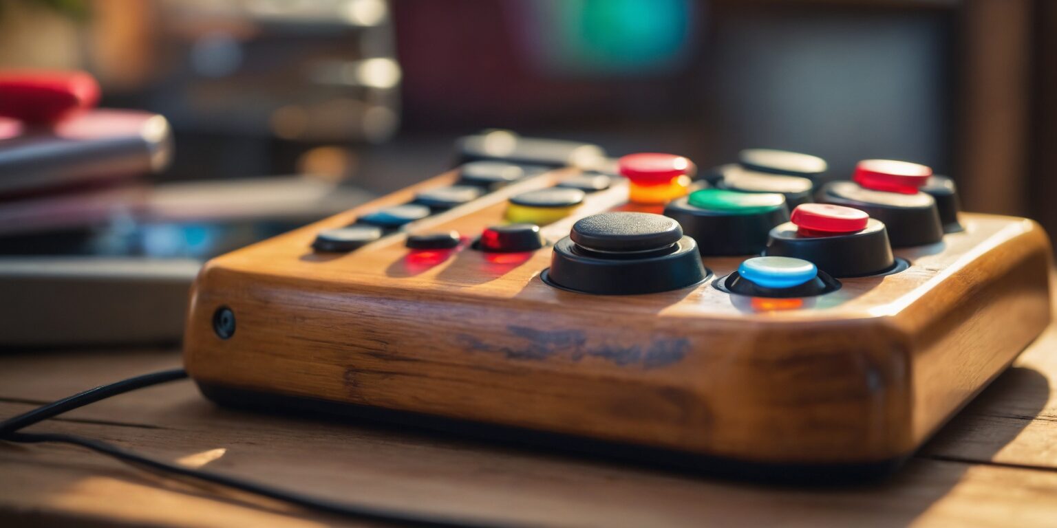 Manette arcade en bois avec joystick et boutons colorés, posée sur une table en bois, éclairée par une lumière naturelle.