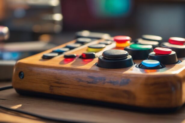 Manette arcade en bois avec joystick et boutons colorés, posée sur une table en bois, éclairée par une lumière naturelle.
