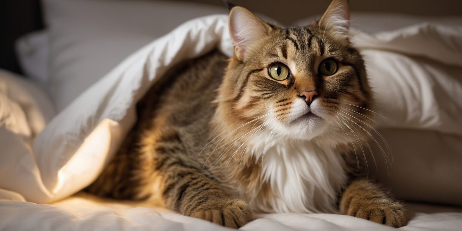 Chat tigré aux yeux verts blotti sous une couette blanche, allongé sur un lit dans une ambiance douce et chaleureuse.