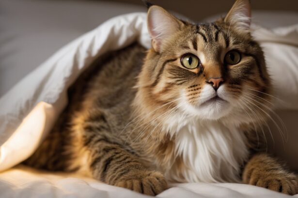 Chat tigré aux yeux verts blotti sous une couette blanche, allongé sur un lit dans une ambiance douce et chaleureuse.