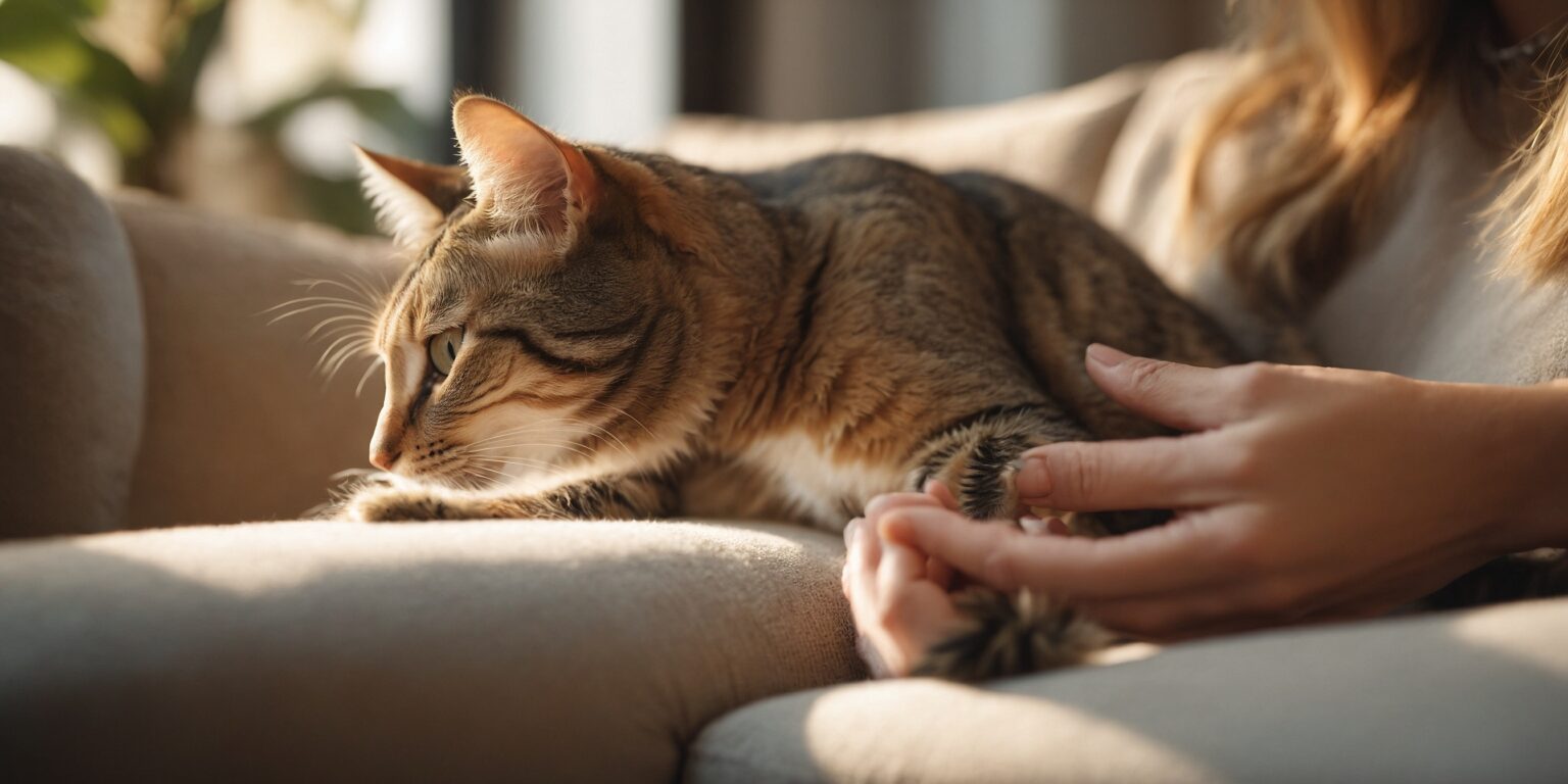Chat tigré allongé sur un canapé, caressé doucement par une main féminine dans une lumière douce et chaleureuse.