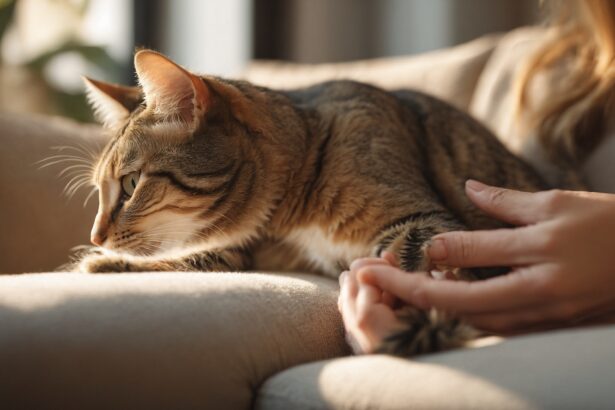 Chat tigré allongé sur un canapé, caressé doucement par une main féminine dans une lumière douce et chaleureuse.